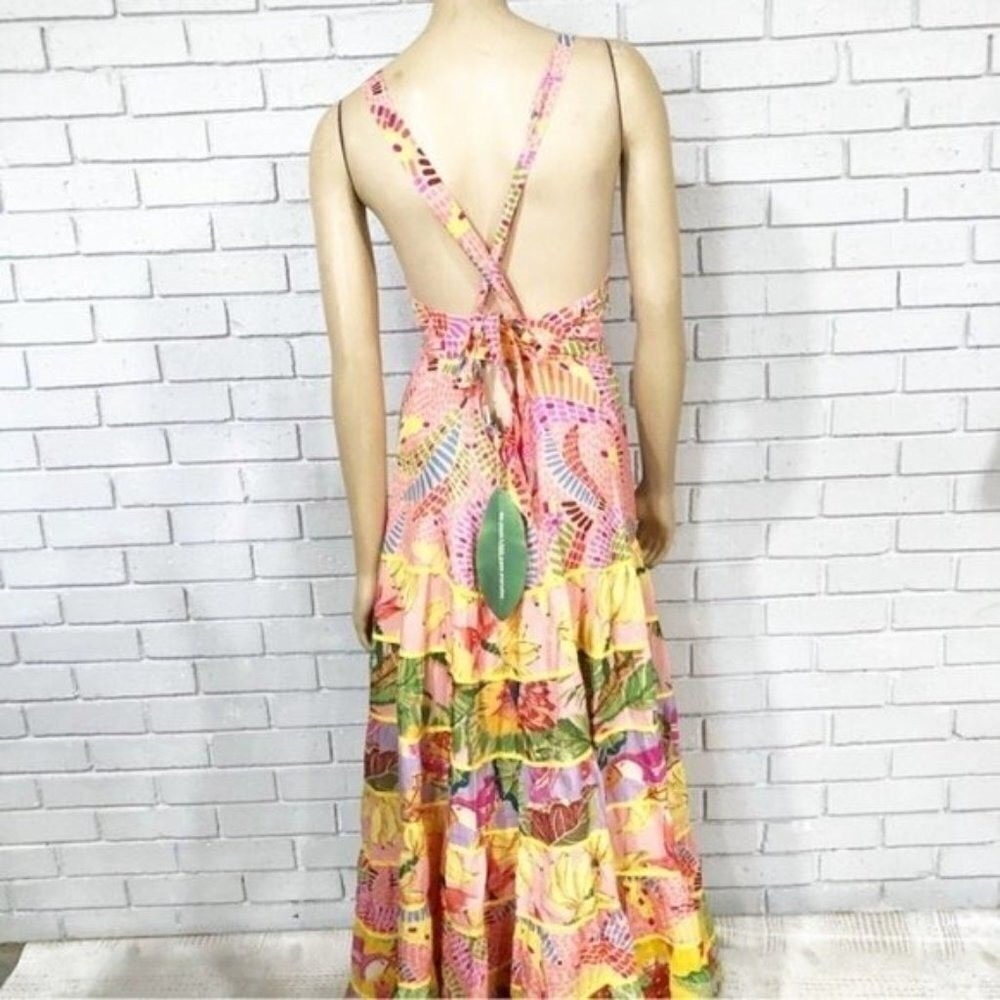 Farm Rio Mixed Pink Prints Maxi Dress Tropical Banana Tiered Halter Multi S - Picture 11 of 16